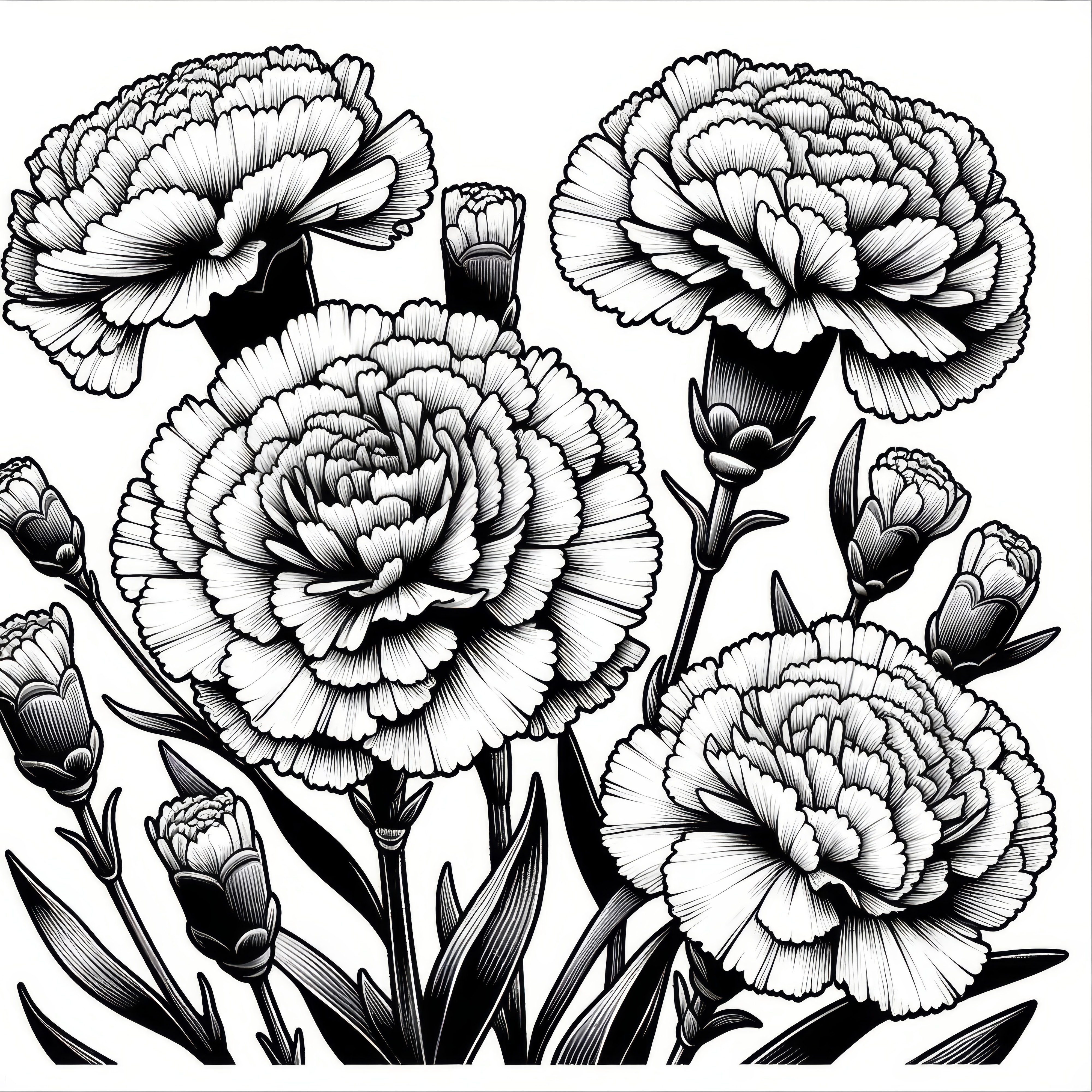 Carnations in a bouquet: Realistic coloring page (Free)