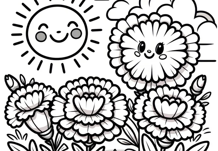 Simple coloring page for children with carnations and sun (Free)