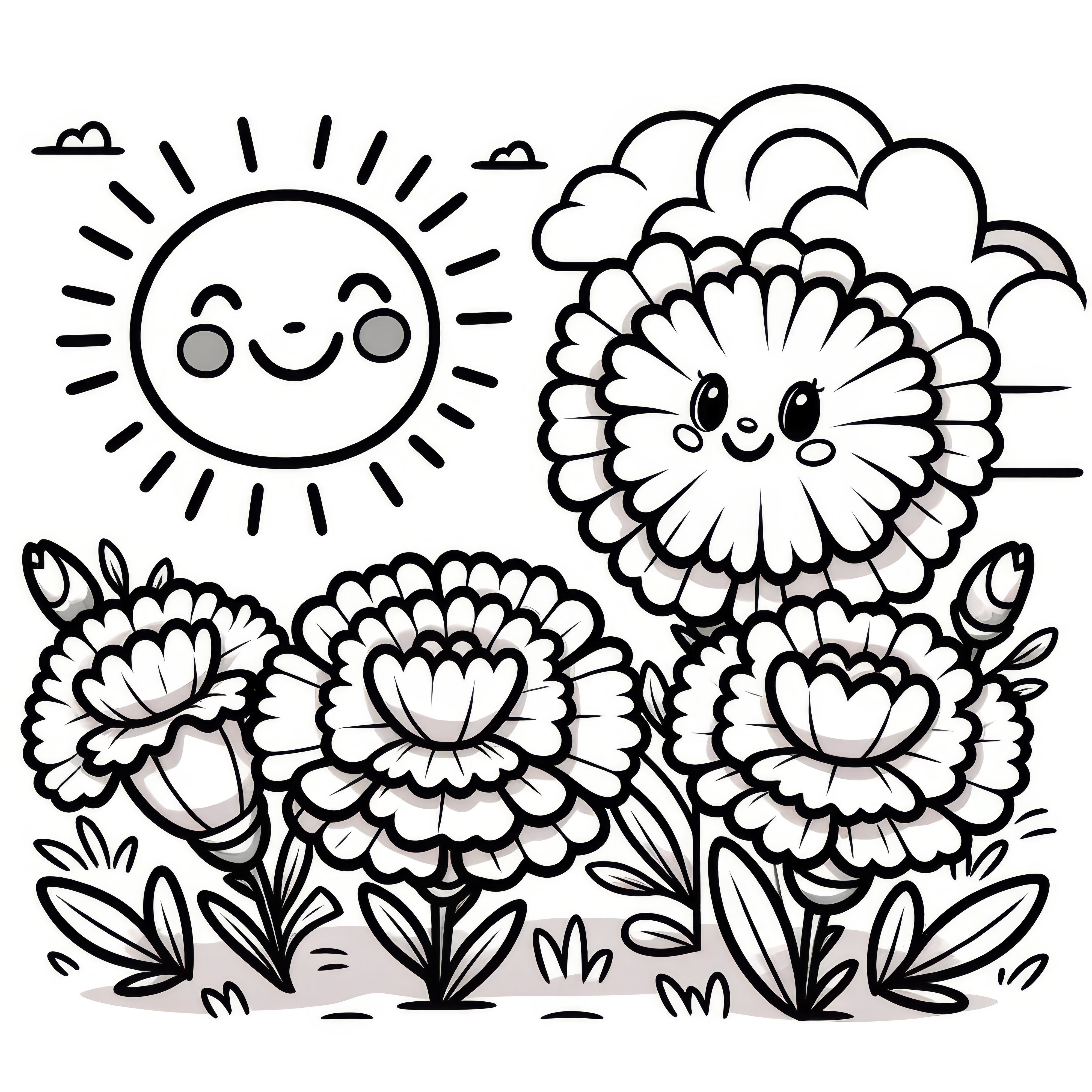 Simple coloring page for children with carnations and sun (Free)