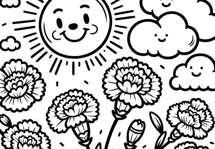 Carnations, sun, and clouds: Simple coloring page (Free)