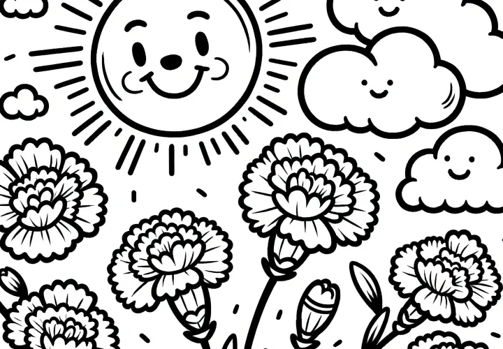 Cravos, sol e nuvens: imagem para colorir simples (gratuito)