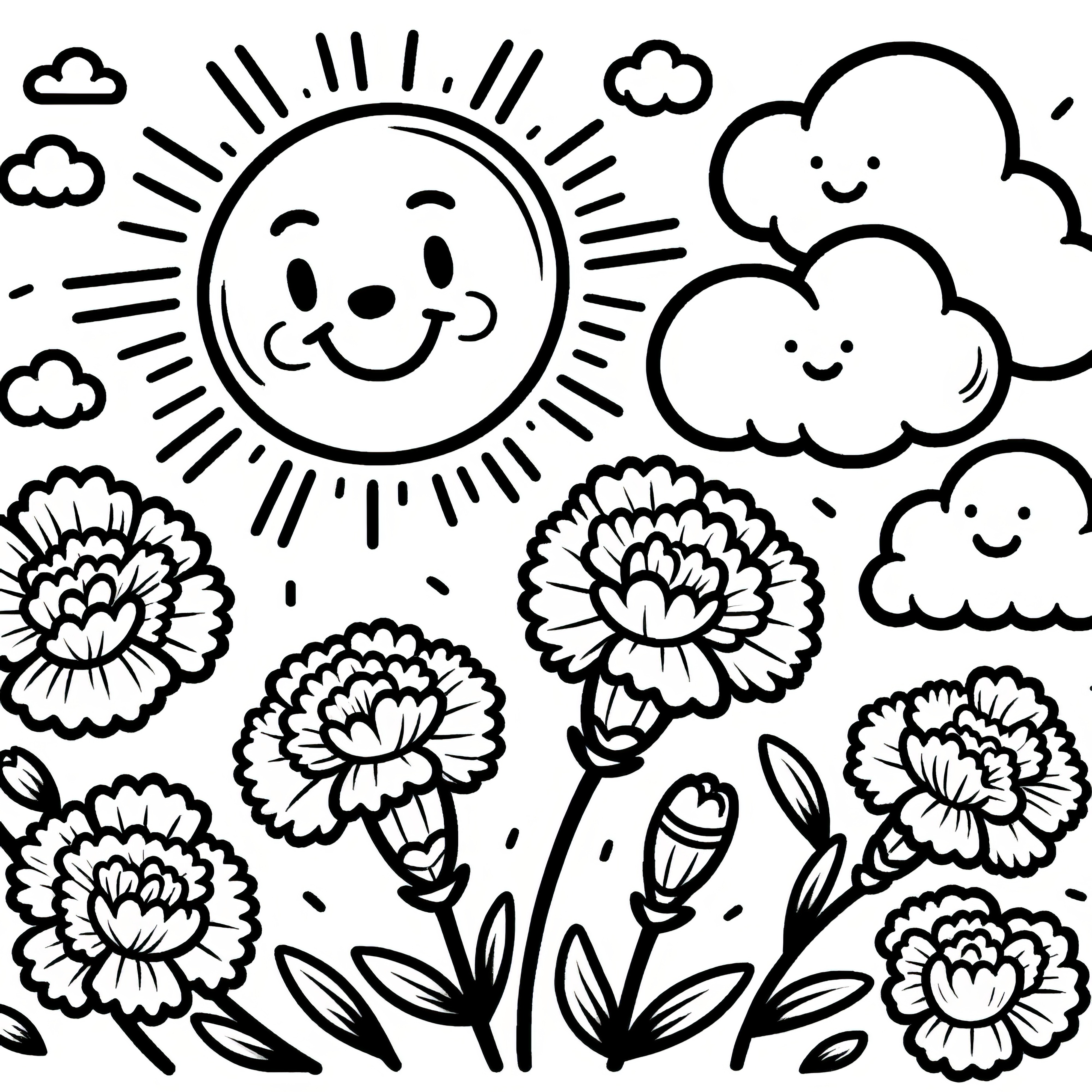 Carnations, sun, and clouds: Simple coloring page (Free)