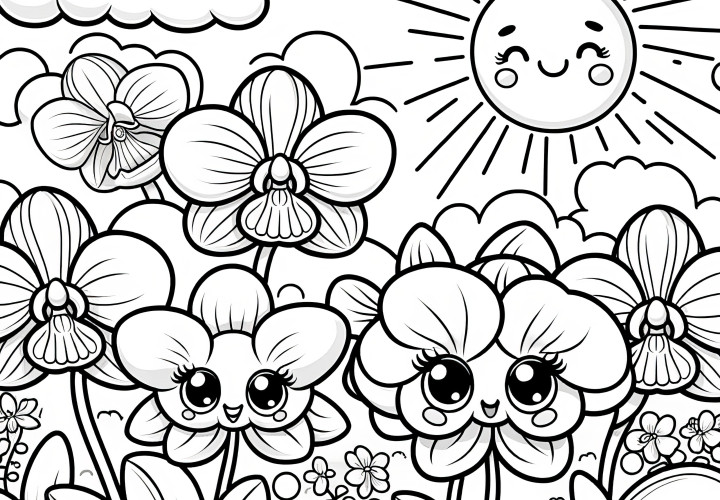 Flores de orquídea rindo ao sol: descarregar gratuitamente o desenho para colorir