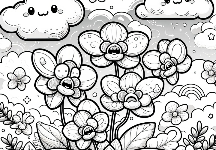 Orchid on the meadow under clouds as a coloring picture (Free)