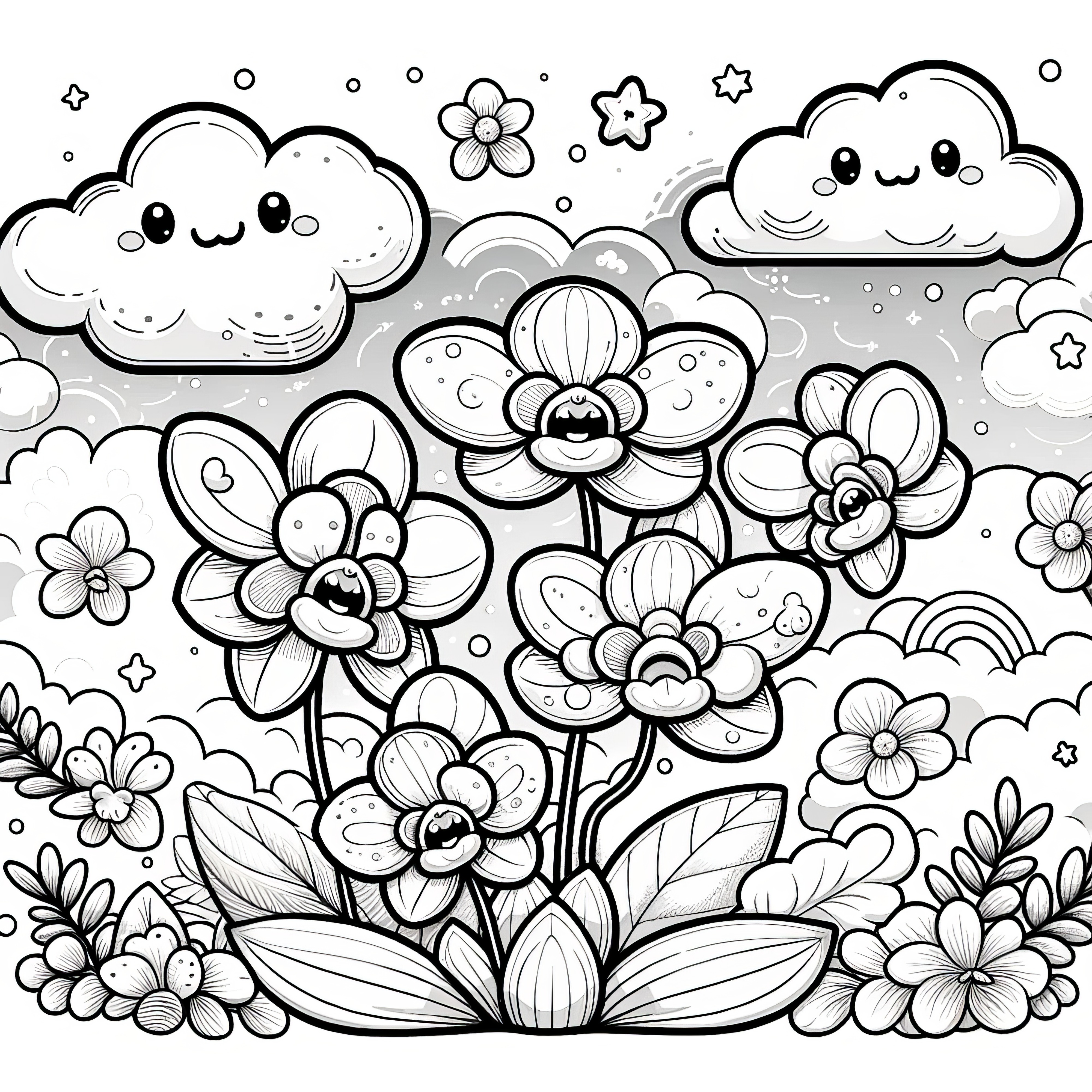 Orchid on the meadow under clouds as a coloring picture (Free)