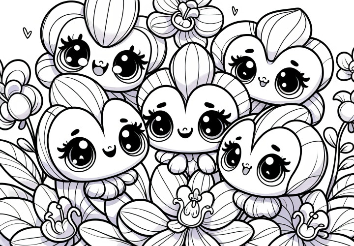 Orchids as sweet plant creatures: Coloring picture for children (Free)