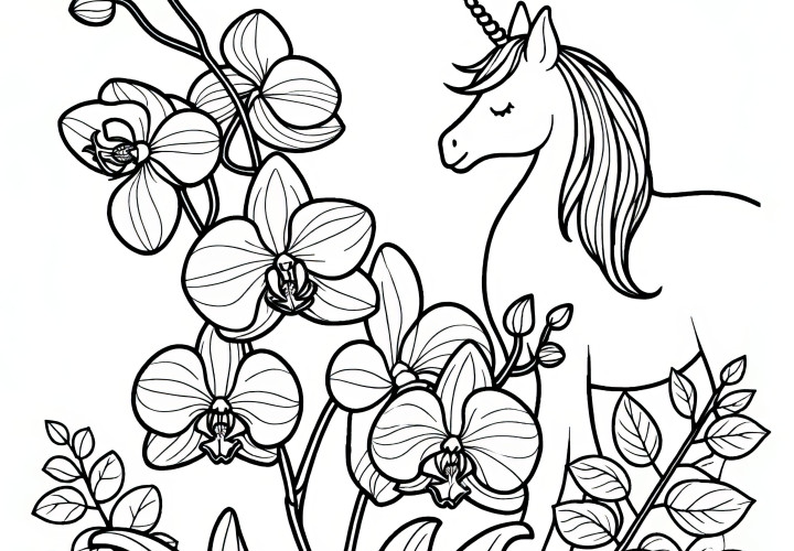 Flores de orquídea e unicórnio como desenho para colorir (gratuito)