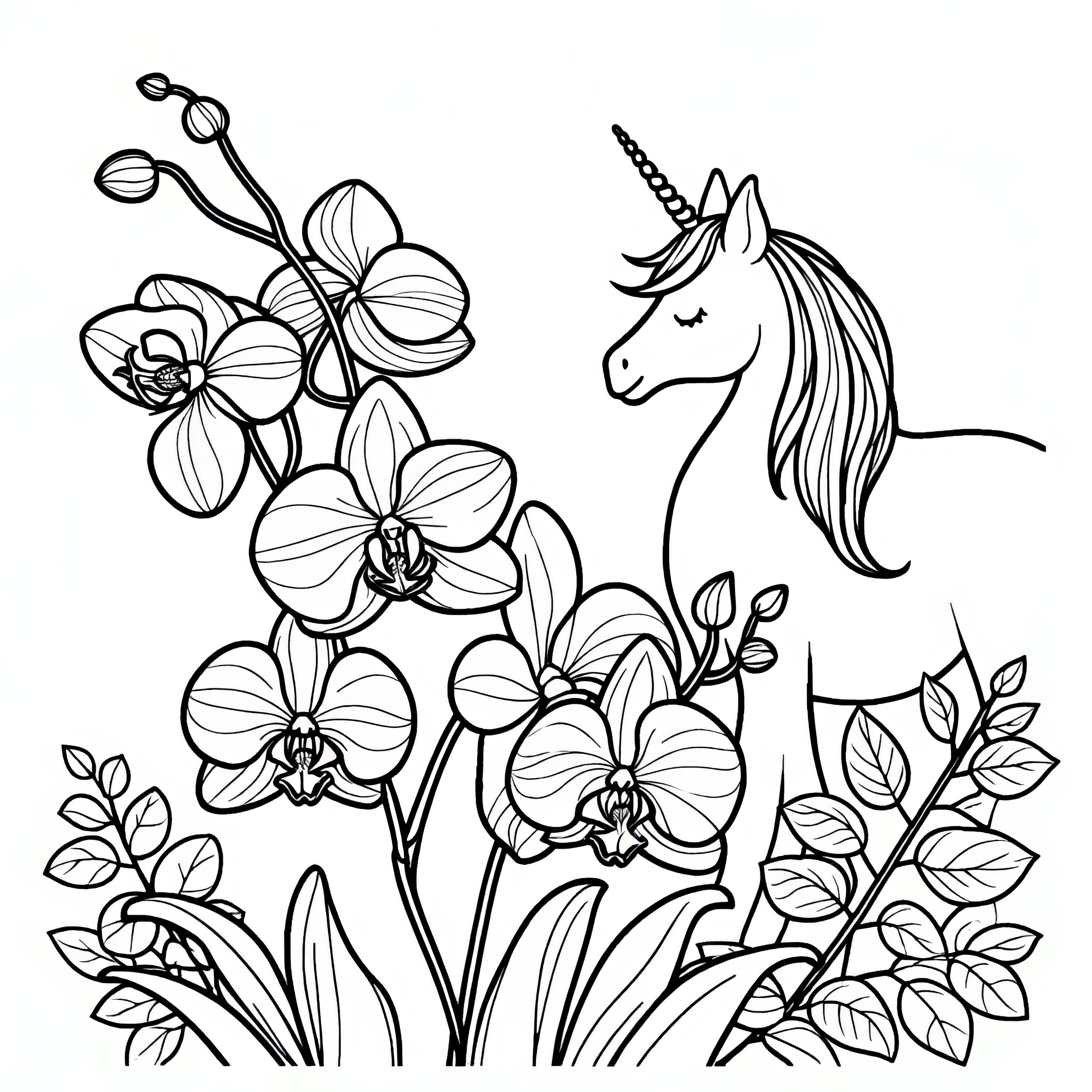 Flores de orquídea e unicórnio como desenho para colorir (gratuito)