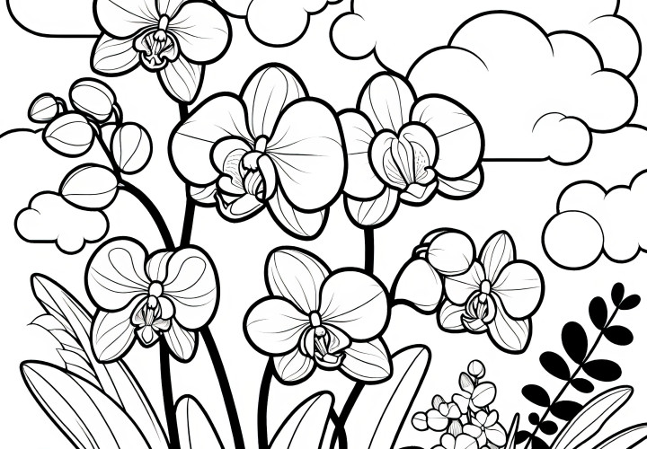 Orquídeas em flor e nuvens: imagem para colorir (gratuito)