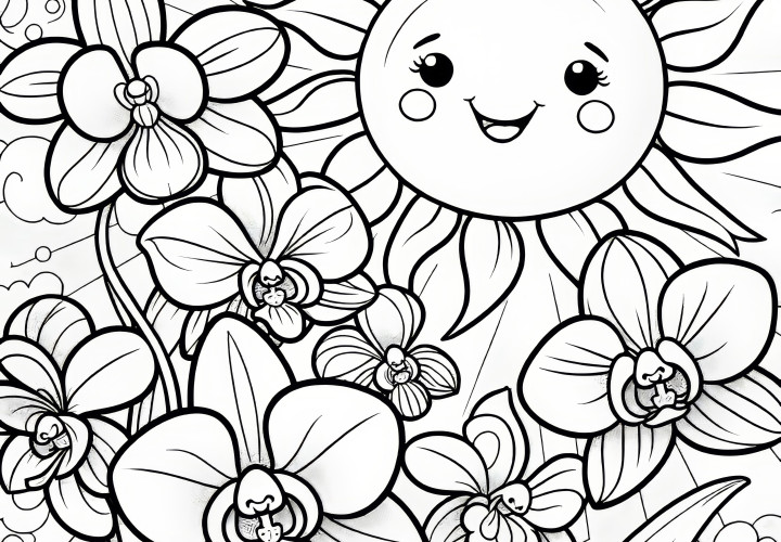 Orquídeas, flores e um sol sorridente: um bonito desenho para colorir (gratuito)