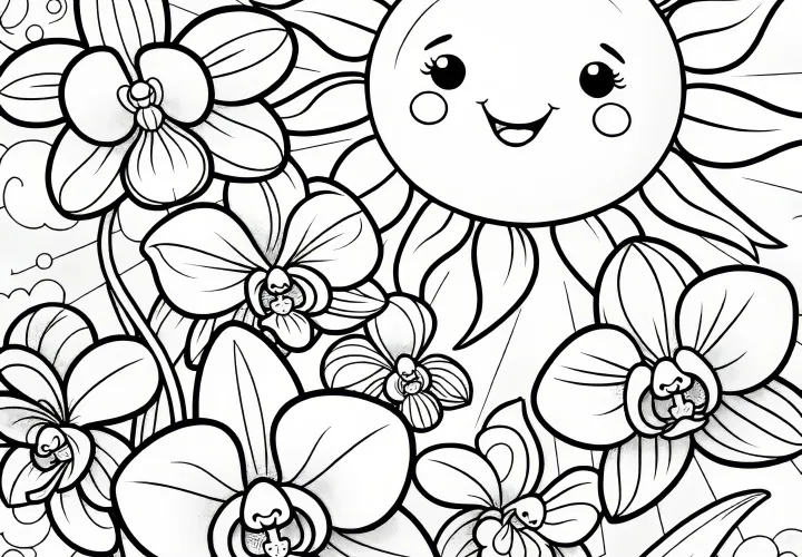 Orchids, flowers, and a smiling sun: Beautiful coloring picture (Free)