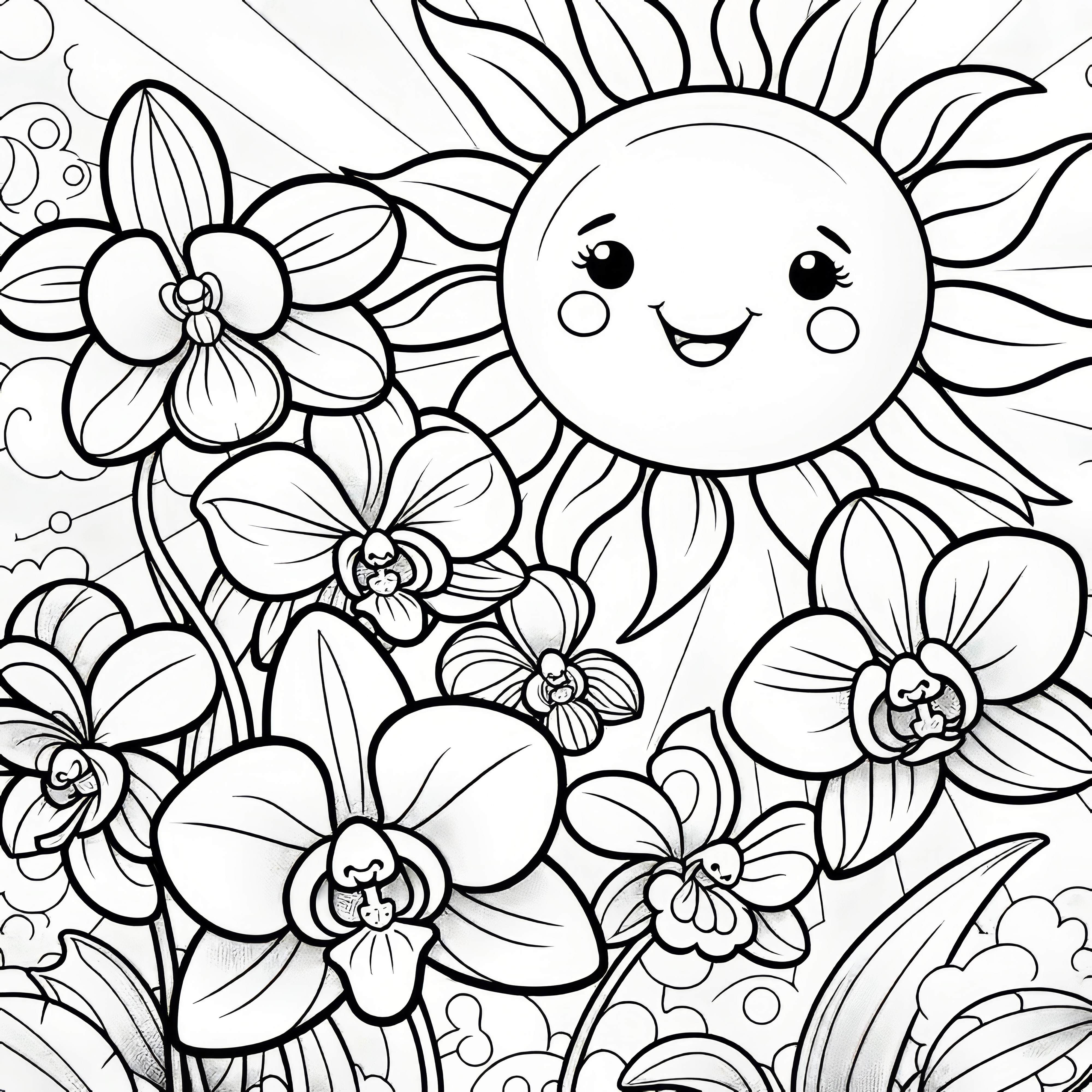 Orquídeas, flores e um sol sorridente: um bonito desenho para colorir (gratuito)