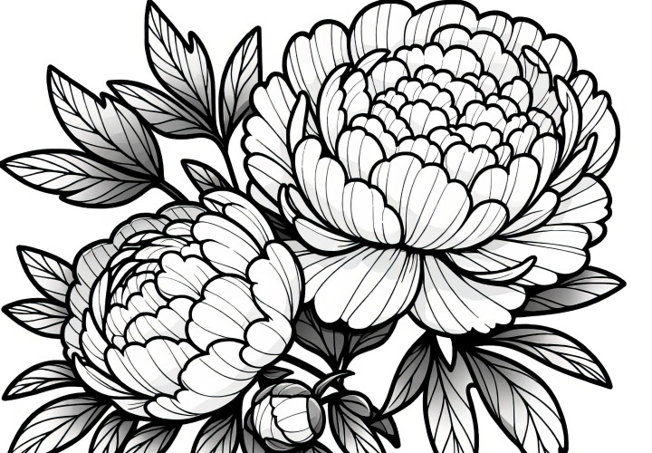 Peonies with magnificent flowers as a coloring sheet (free)