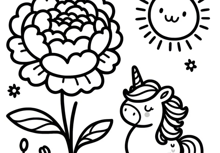 Peónia, unicórnio giro e sol: O seu desenho para colorir para descarregar (gratuito)