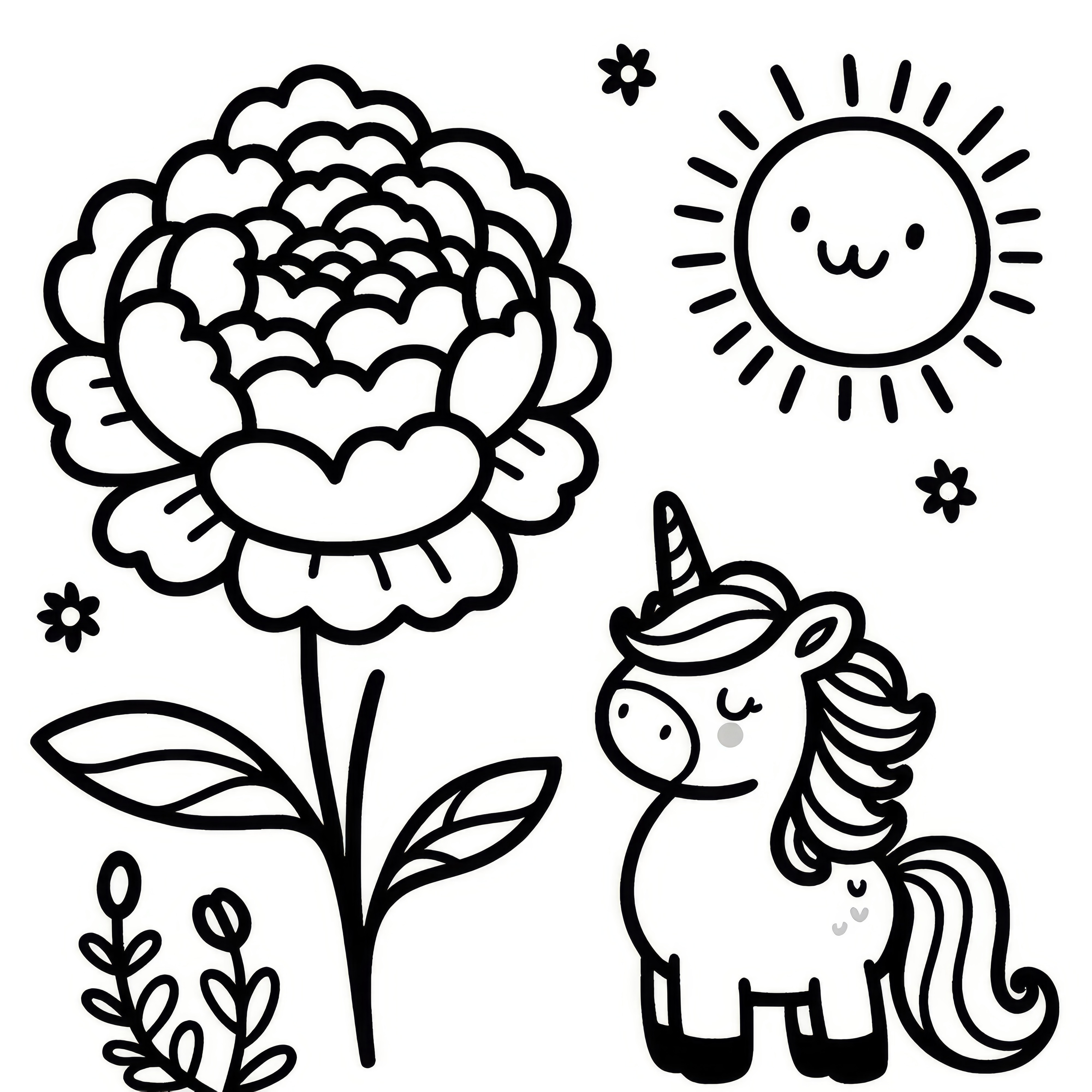 Peony, cute unicorn, and sun: Your coloring page to download (free)