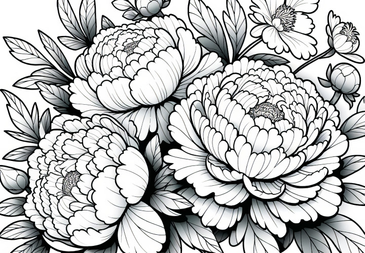 Peonies: Realistic coloring page (Free)