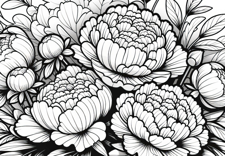 Peonies: Realistic coloring picture for free download. 