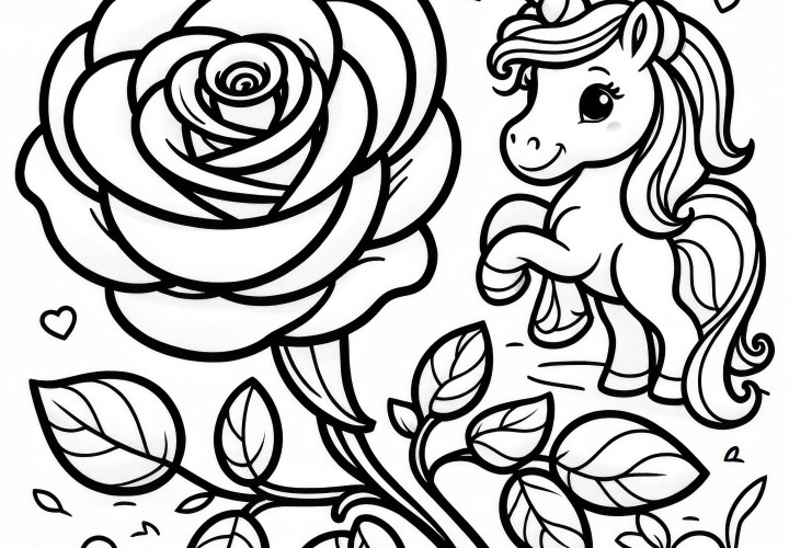 Rosa e unicórnio juntos como um desenho para colorir (gratuito)