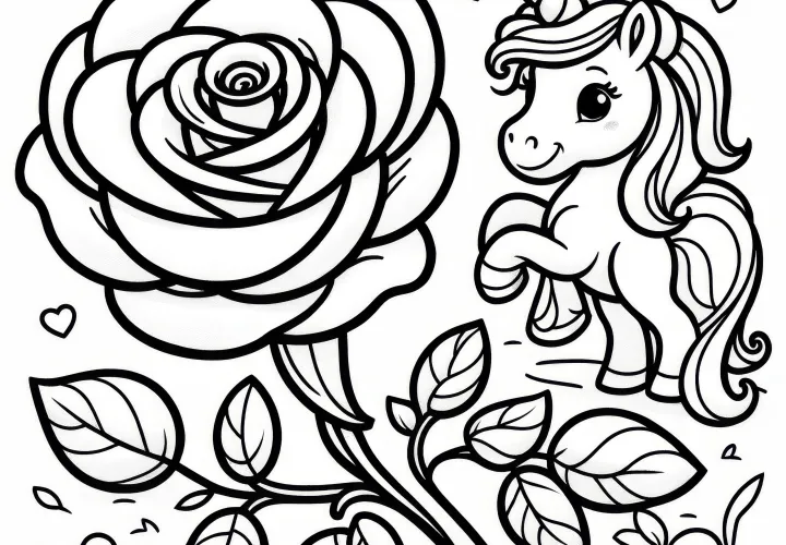 Rose and unicorn together as a coloring picture (Free)