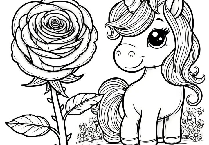 Rose and enchanting unicorn as coloring page (free)