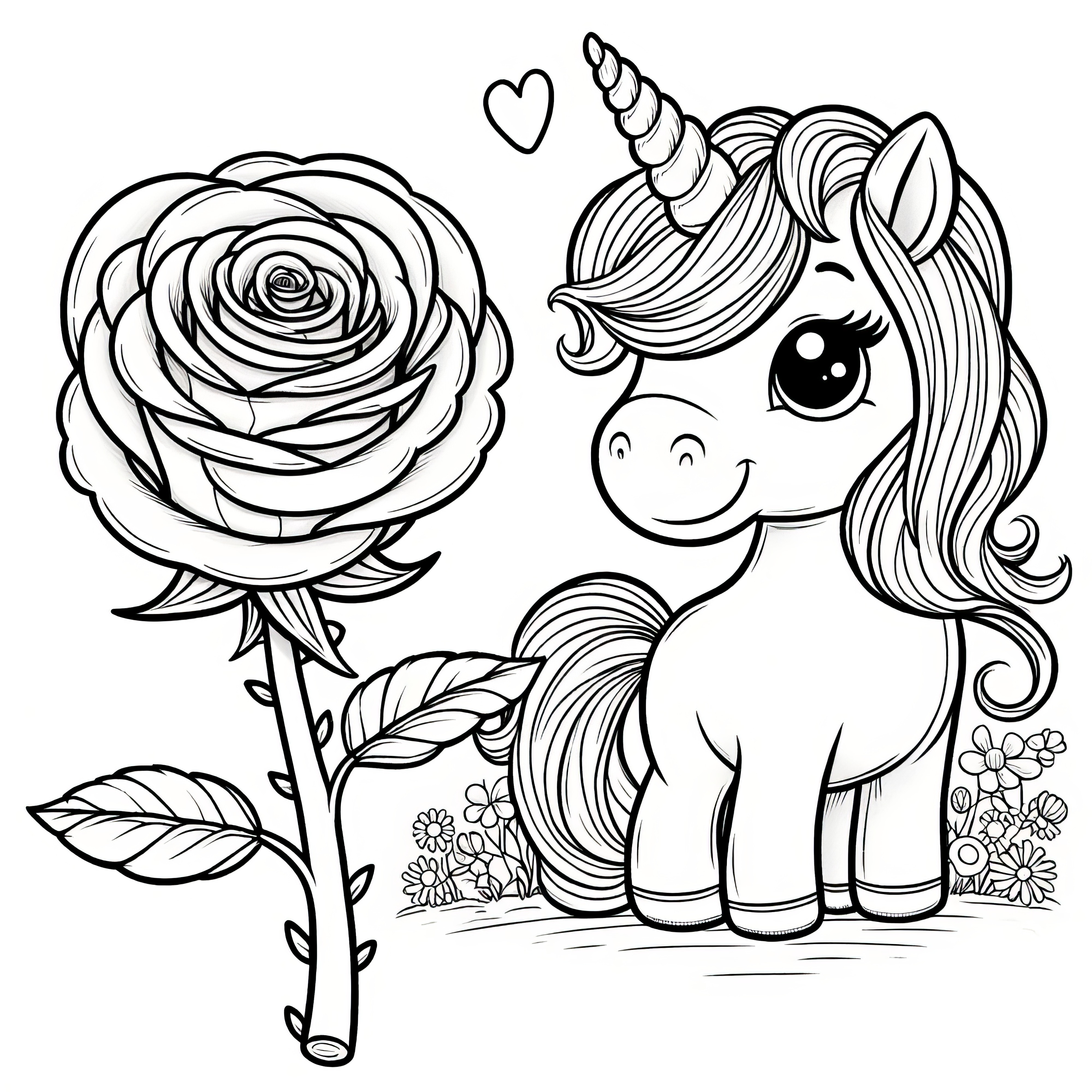 Rose and enchanting unicorn as coloring page (Free)