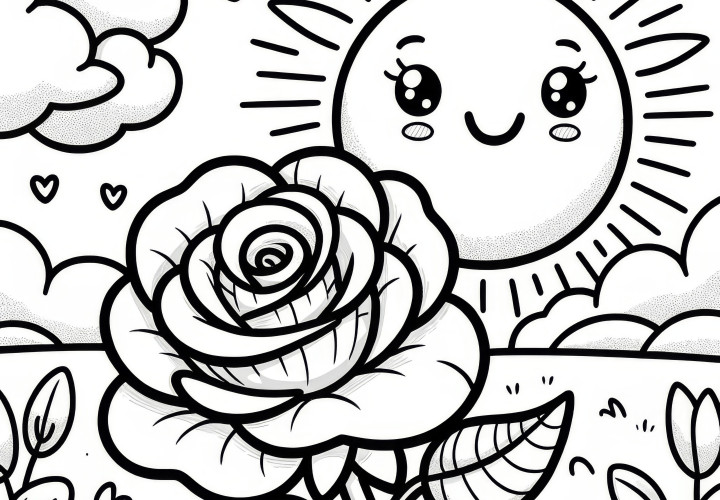 Rose blossom in the summer landscape as a coloring picture (Free)