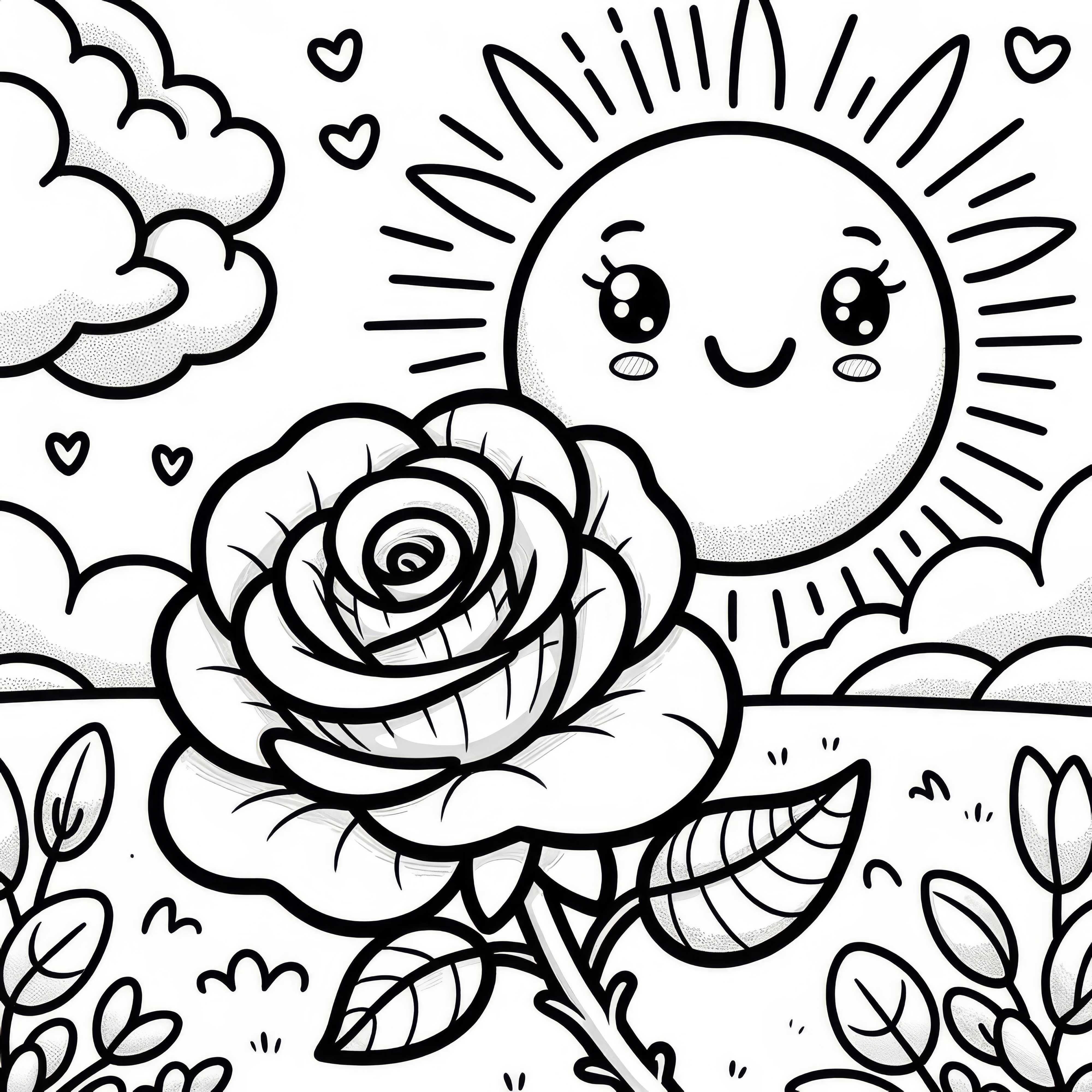 Rose blossom in the summer landscape as a coloring page (free)