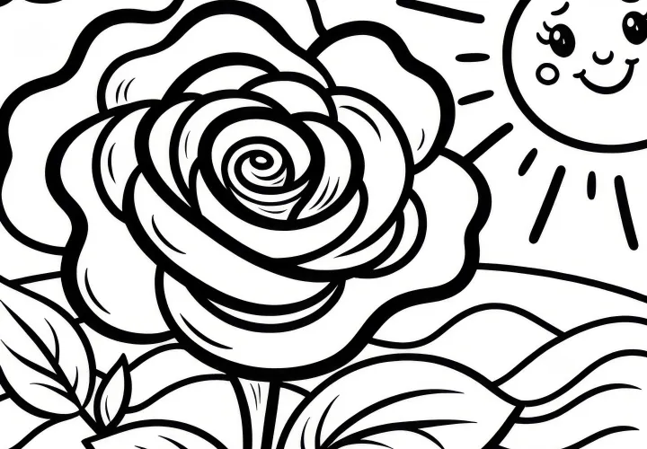 Blossoming rose in the sun: Beautiful coloring page (Free)