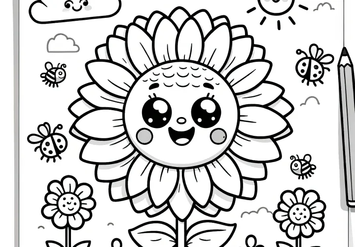 Friendly sunflower in the meadow as a coloring picture (Free)