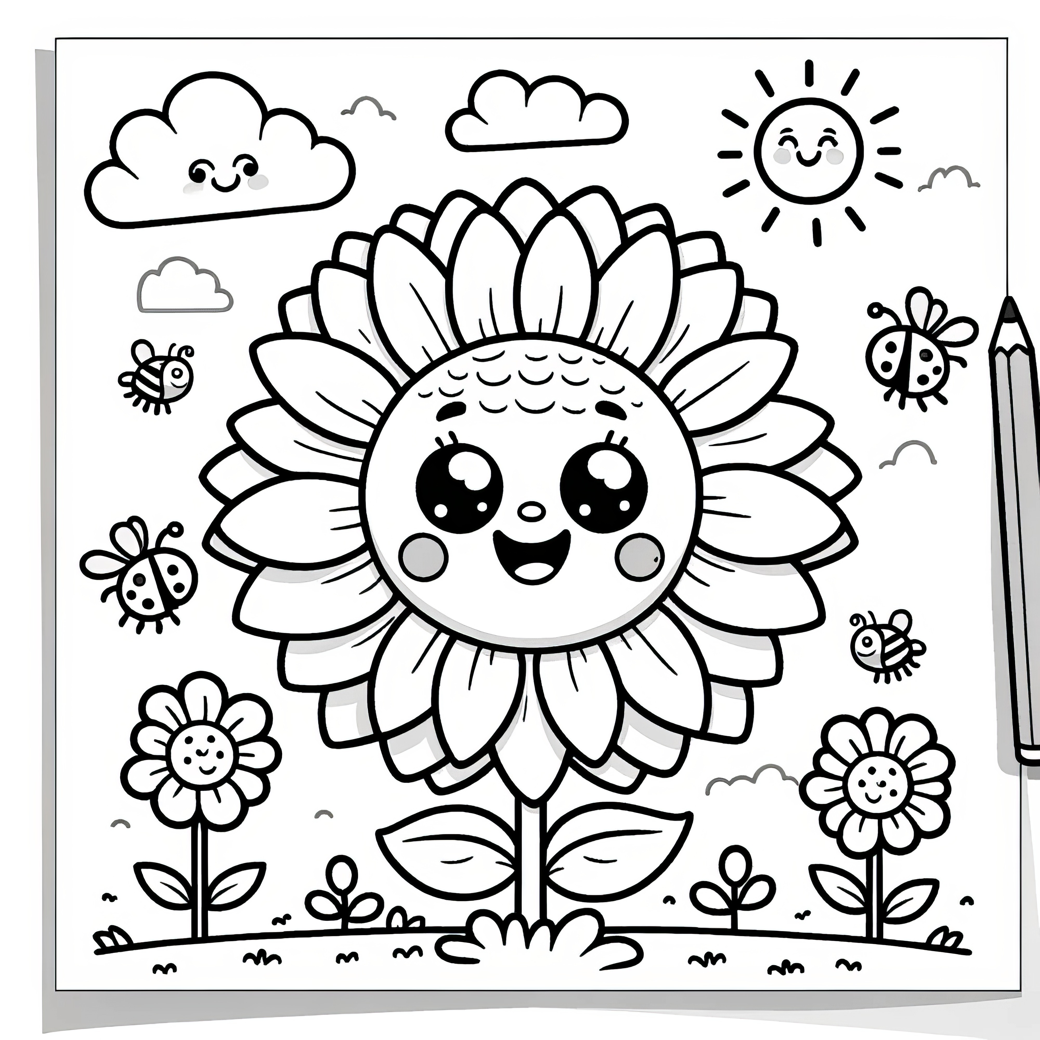 Friendly sunflower in the meadow as a coloring page (free)