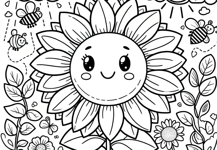 Happy sunflower on flower meadow: Picture to color (Free)