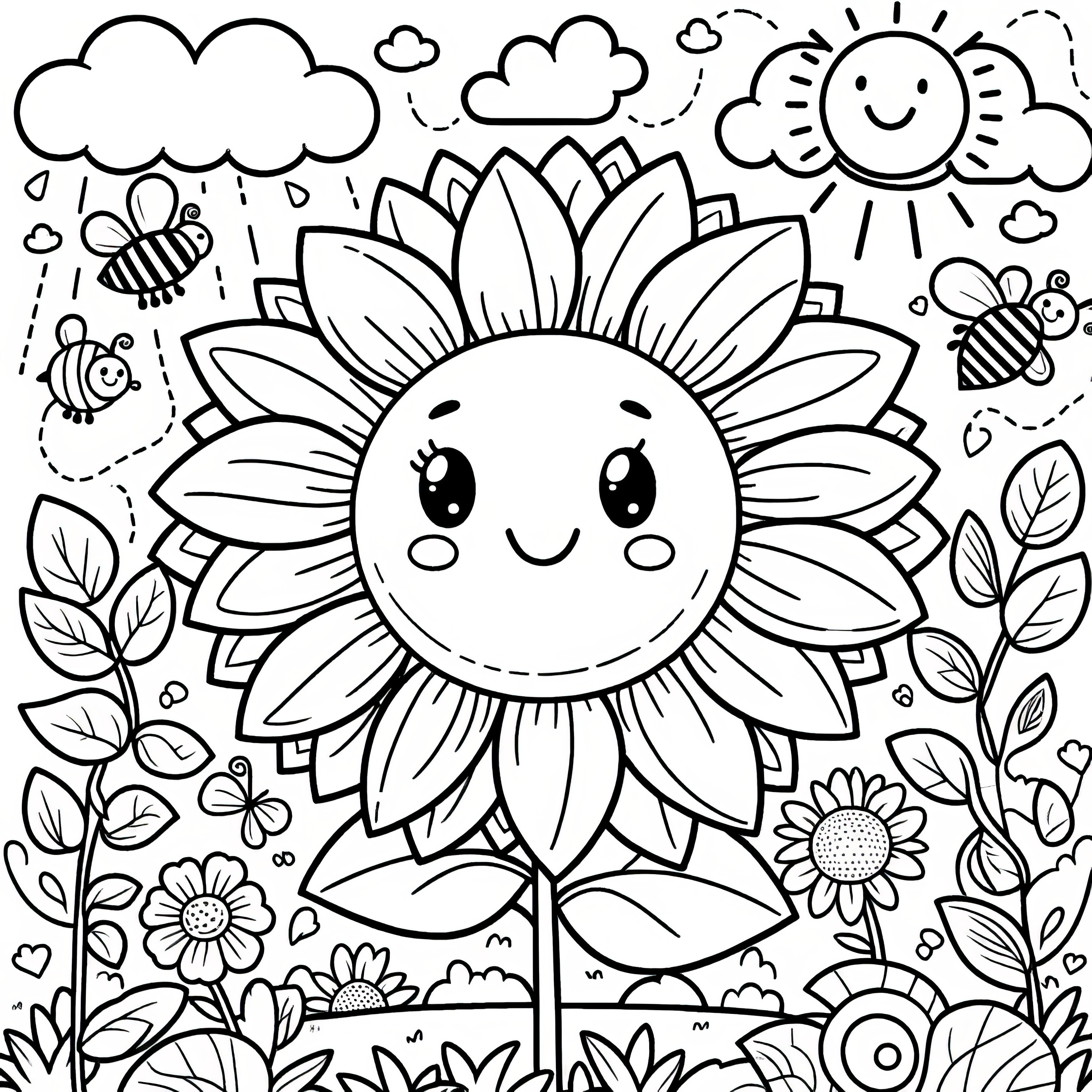 Cheerful sunflower in a flower meadow: Picture to color (Free)