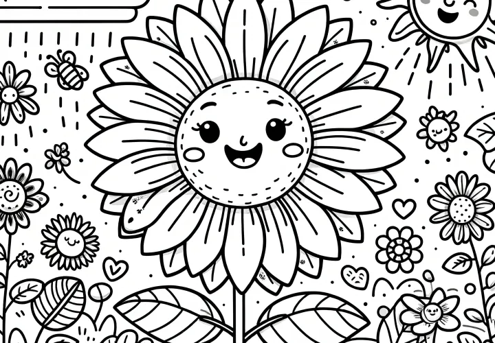 Laughing sunflowers with plants, insects, sun, and clouds as a coloring page (free)