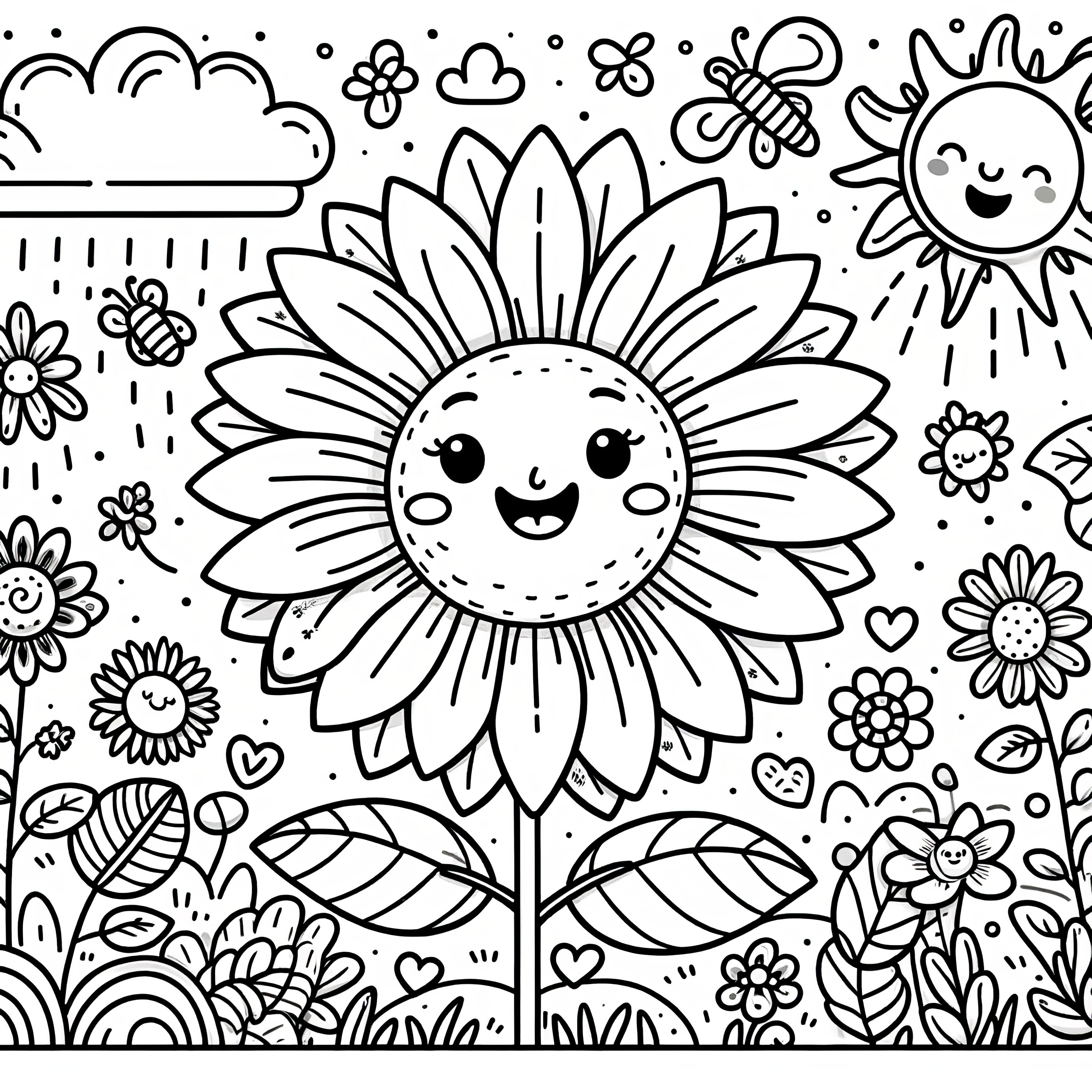 Girassóis risonhos com plantas, insectos, sol e nuvens para colorir (gratuito)