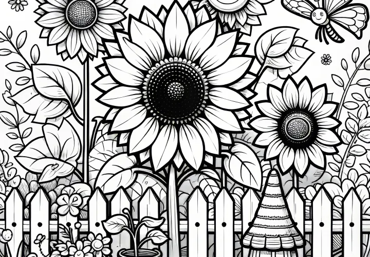 Sunflower on the garden fence as a coloring page (Free)