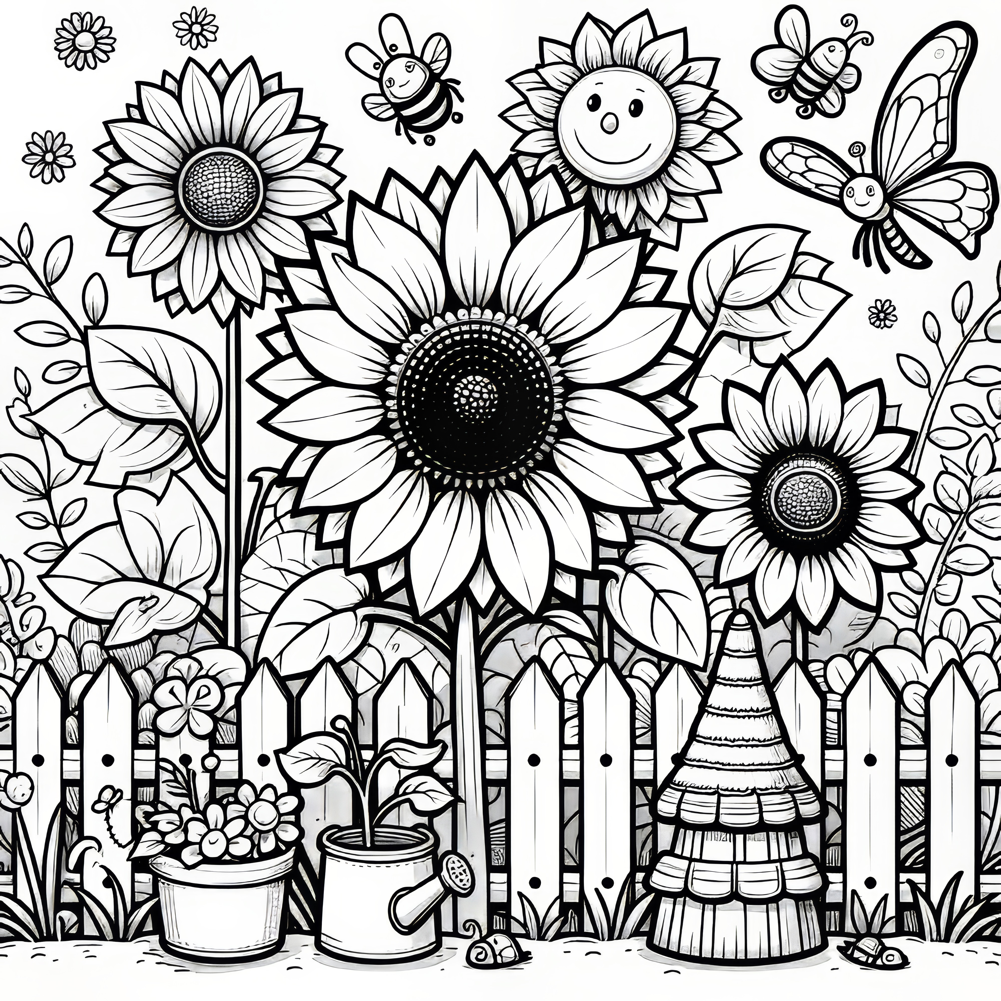 Sunflower on the garden fence as a coloring picture (free)