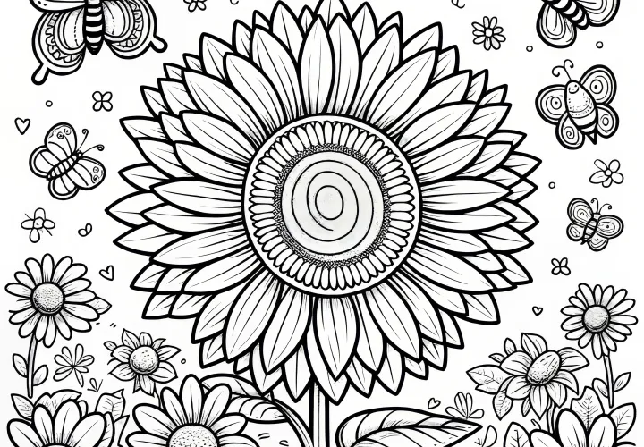 Sunflower on a flower meadow with butterflies as a coloring template (free)