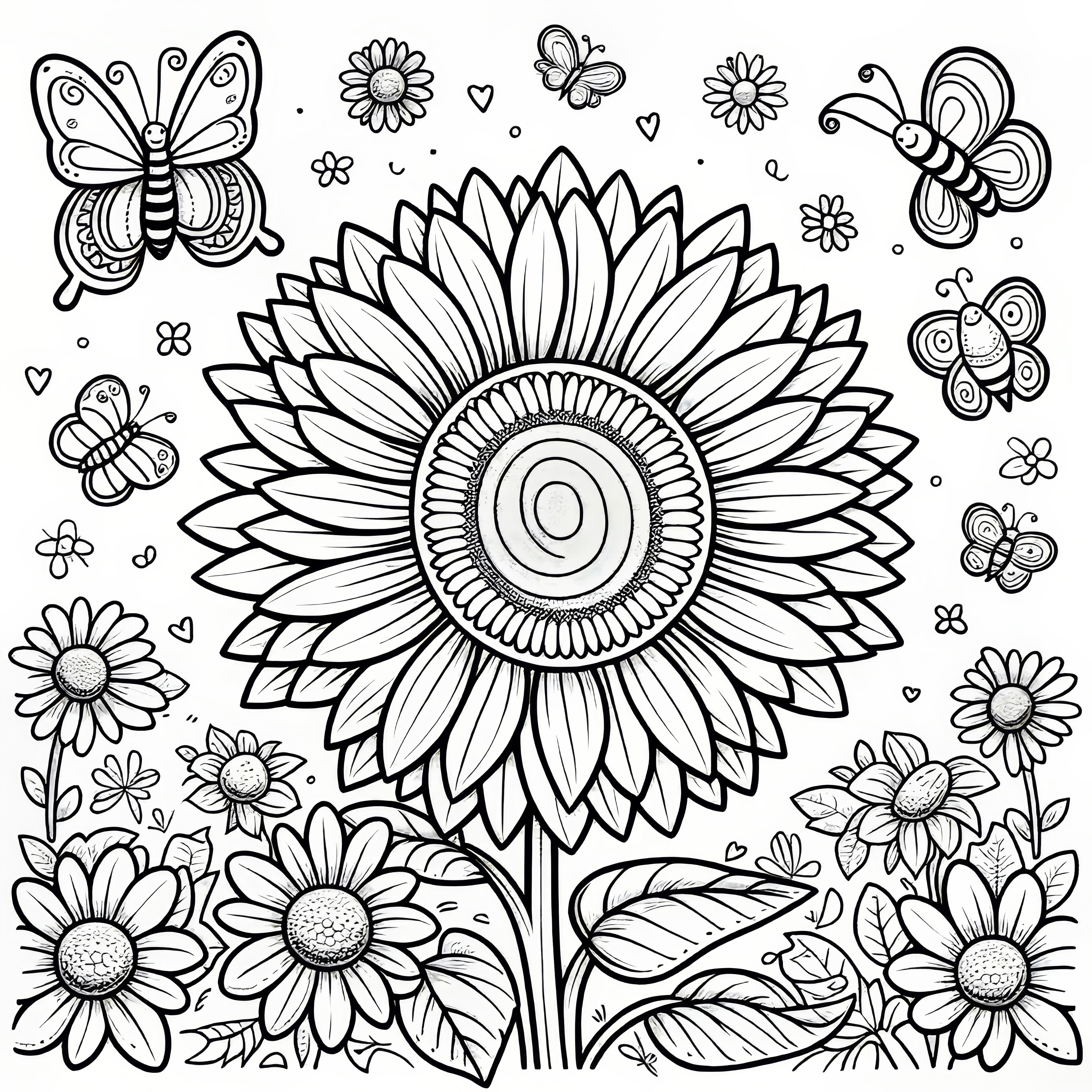 Sunflower on a flower meadow with butterflies as coloring page (Free)