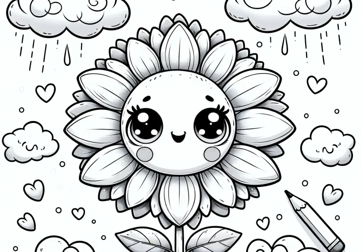 Sunflower with face in the rain as a coloring sheet (free)