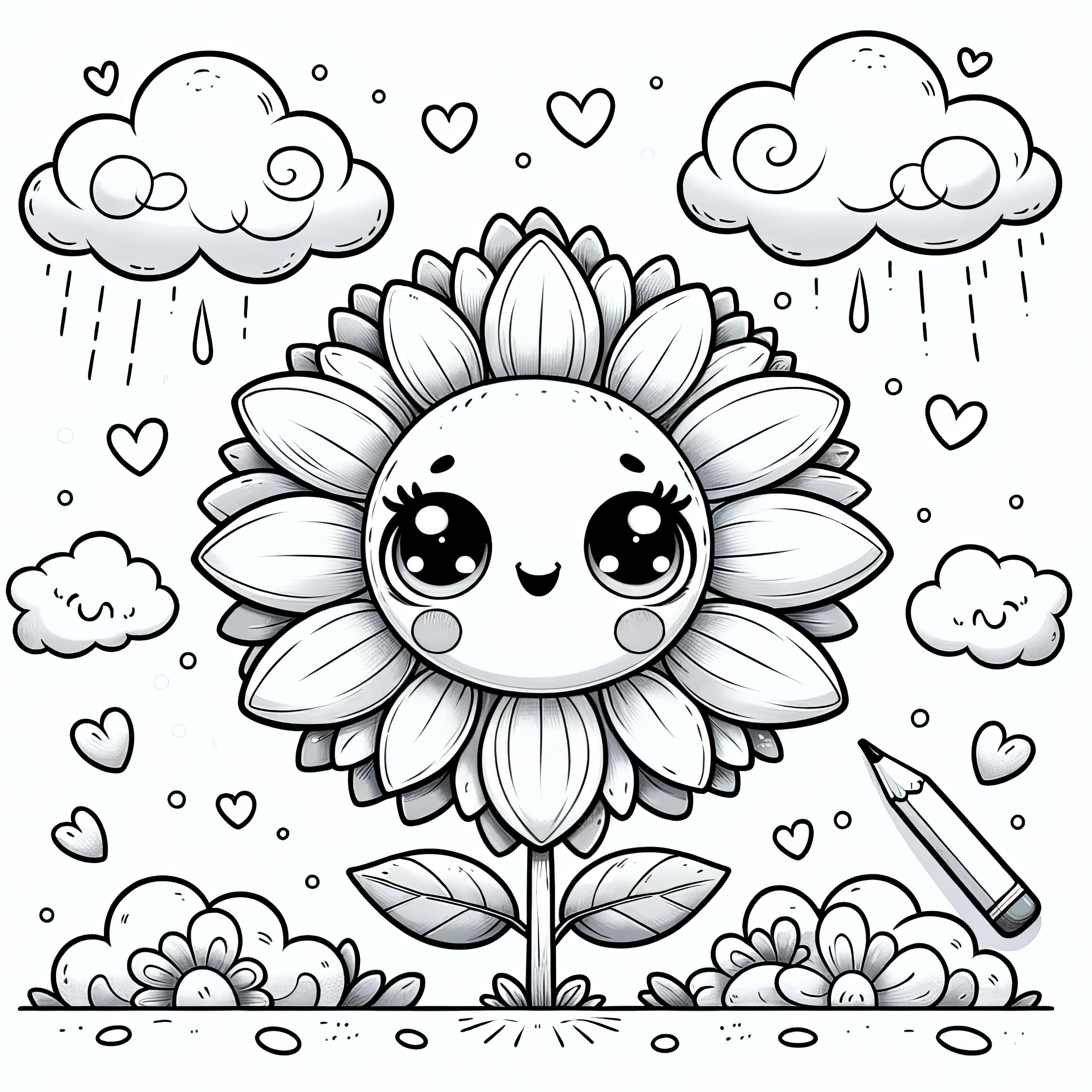 Sunflower with a face in the rain as a coloring page (free)