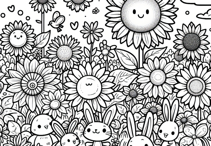 Wimmelbild mit Sonnenblumen und Hasen: Ausmalbild zum Download (Gratis)