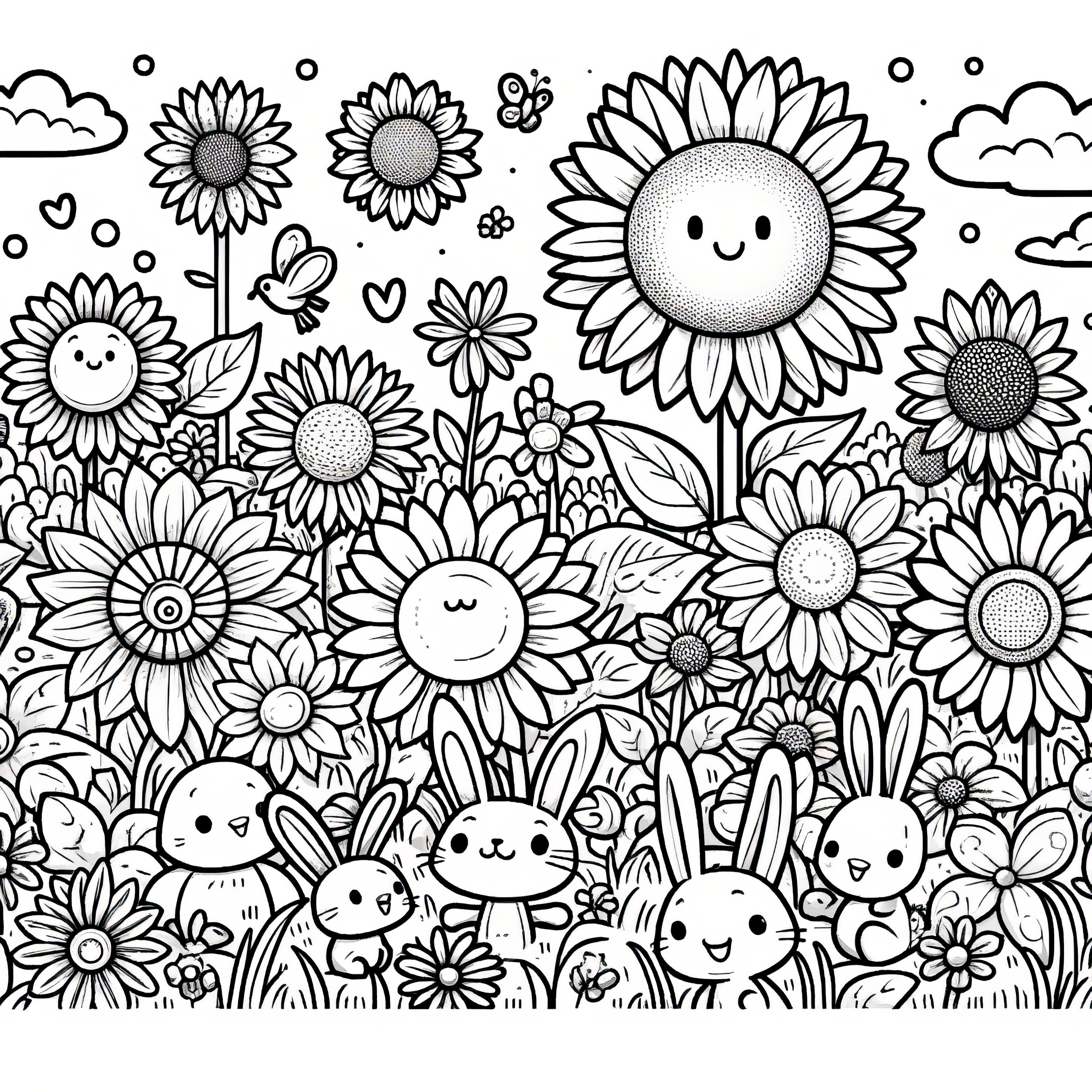 Wimmelbild mit Sonnenblumen und Hasen: Ausmalbild zum Download (Gratis)