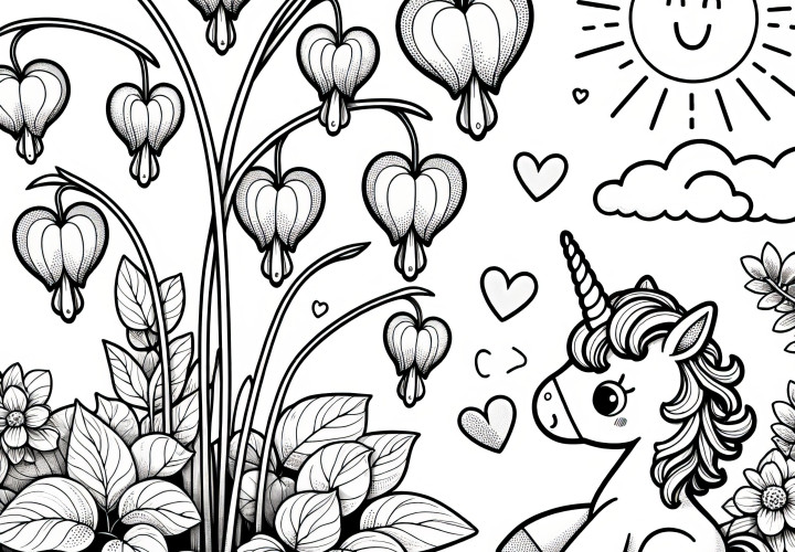 Tearful heart flower and unicorn as coloring picture (Free)