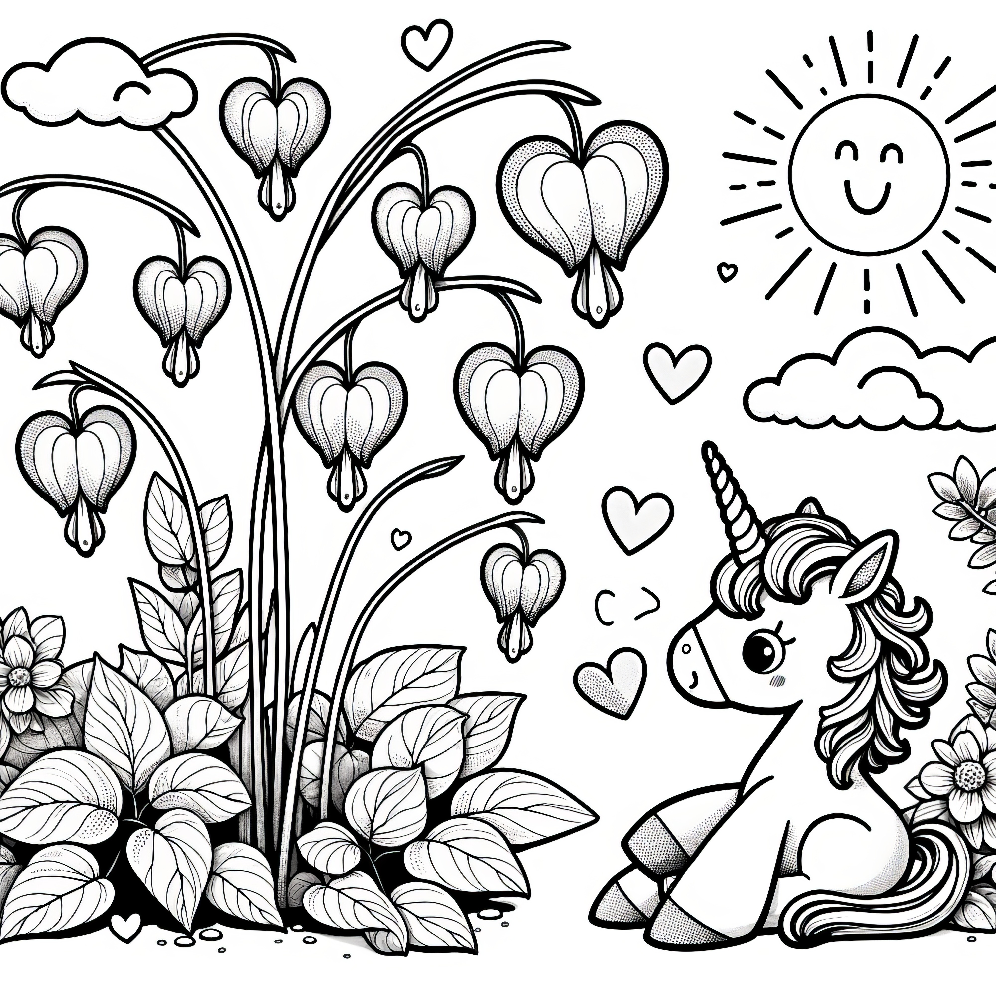 Tearful heart flower and unicorn as a coloring picture (Free)