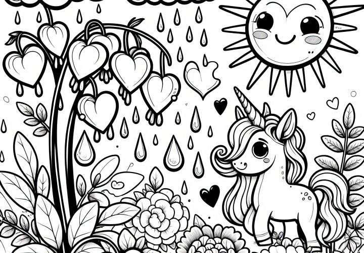 Coração de rega, nuvem de chuva, unicórnio e sol: o seu desenho para colorir (gratuito)