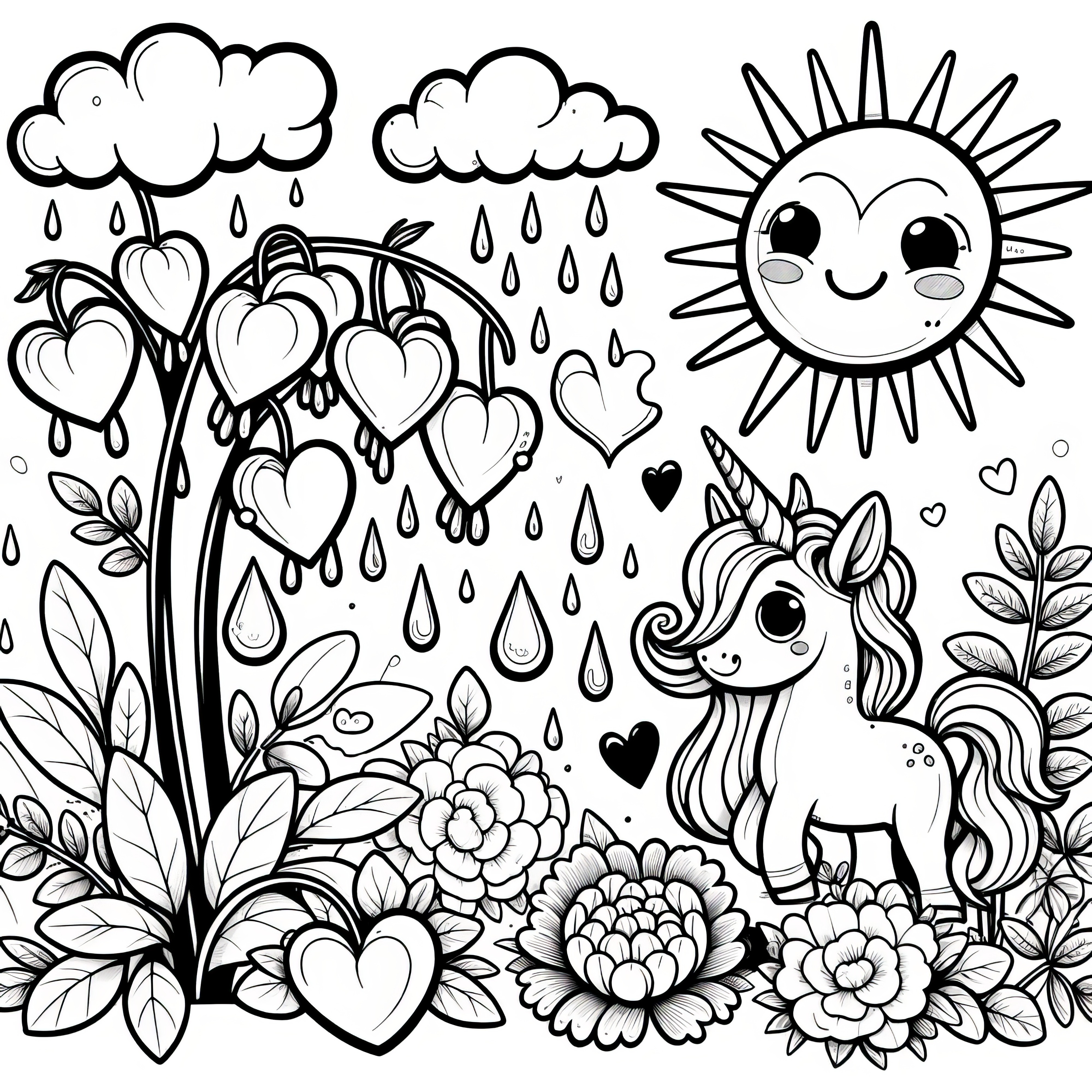 Tearful heart, rain cloud, unicorn, and sun: Your coloring sheet (Free)