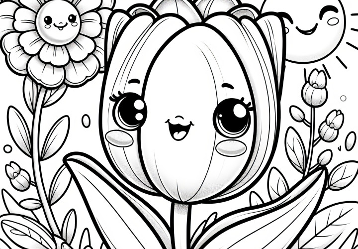 Happy tulip on flower meadow as coloring picture (Free)