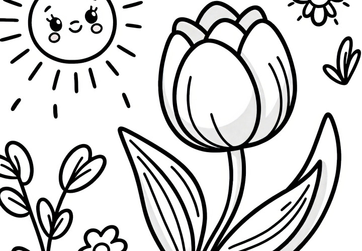 Tulpe und Sonne als Ausmalbild (Gratis)