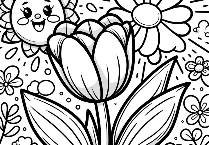 Tulip blossom in the sun: Plant coloring page (free)