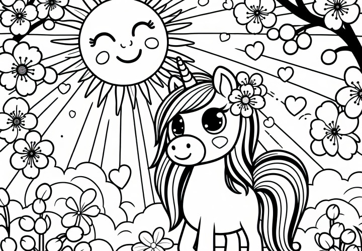 Unicorn amidst cherry blossoms as a coloring page (Free)